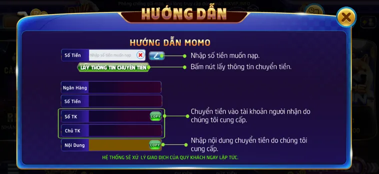 Hướng dẫn nạp tiền qua cổng momo tại Rikvip.