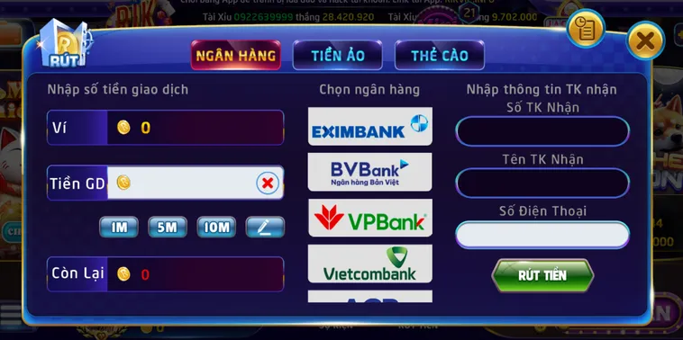 Quy trình nạp rút đa dạng bảo mật an toàn.