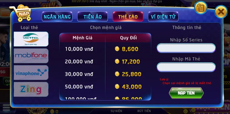 Nạp tiền bằng thẻ cào tại Rikvip an toàn tiện lợi nhanh chóng.